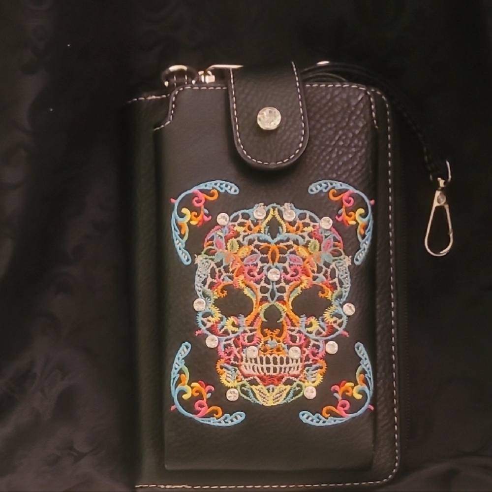 Black Leather Phone Wallet with Colorful Skull Design